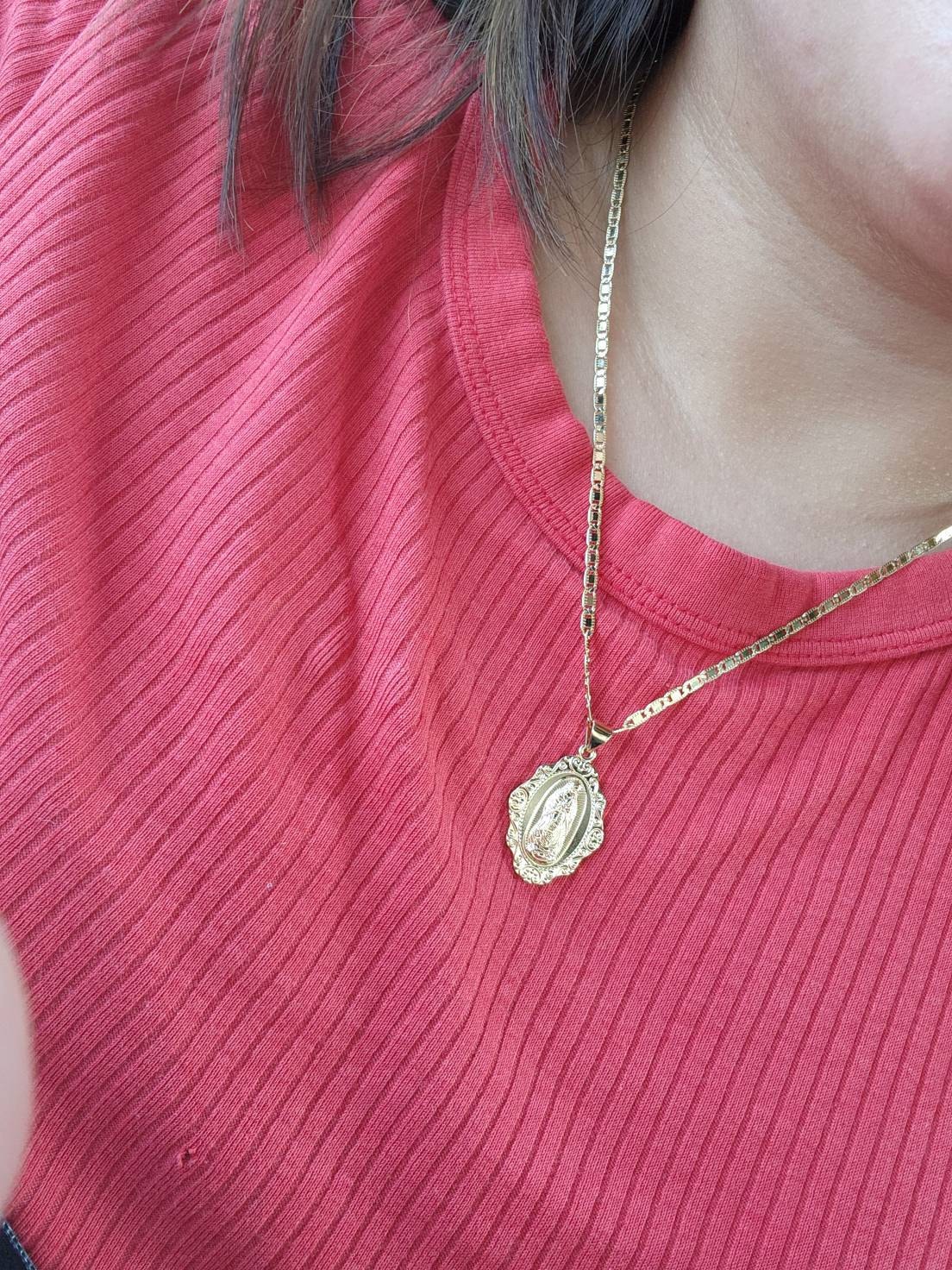 Gold Virgin Mary Necklace, Guadalupe Necklace, 2mm Fancy Flat Chain, 14k Heavy Plated Gold, High Quality, Lifetime Replacement Guarantee
