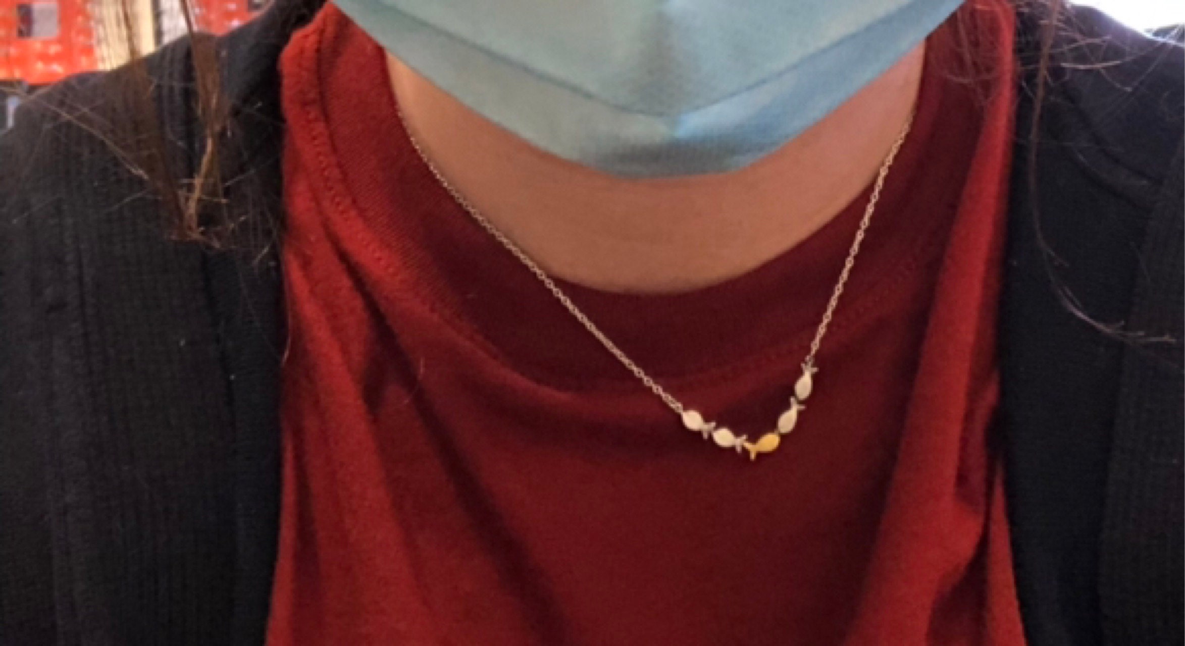 Swimming against the current. Dainty silver necklace. School of fish with one golden enameled fish swimming upstream. Gift for her.
