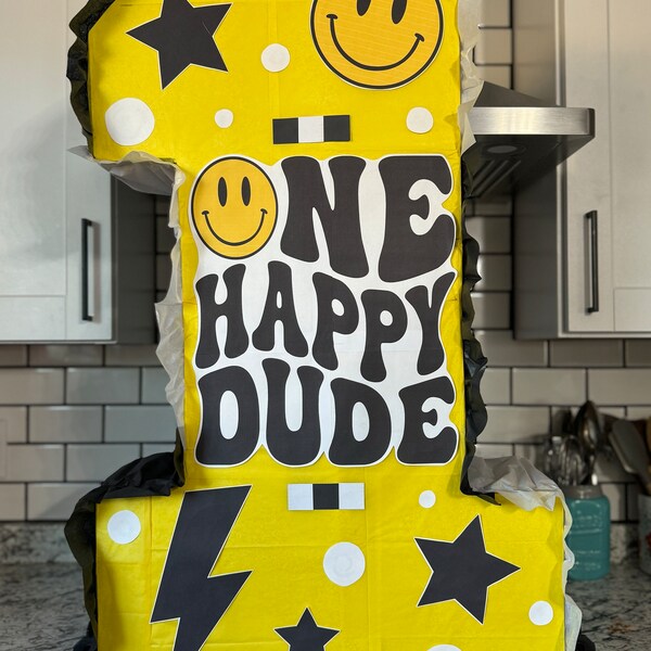 One Happy Dude PNG SVG, 1st Birthday SVG, Retro Wavy Text, Happy Face ...