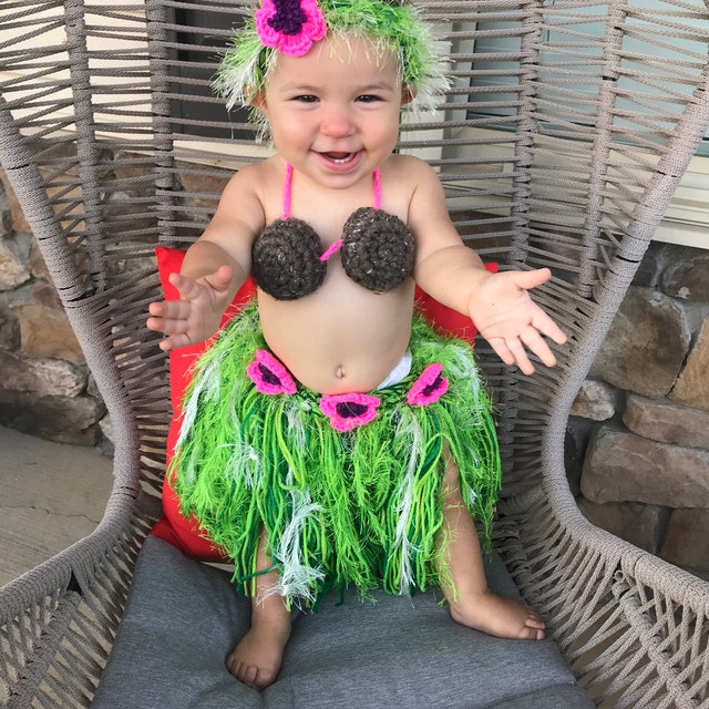 Baby Girl or Toddler Hawaiian HULA Dancer Island Photo Prop Grass Skirt  Coconut Bra and Flower Headband Made to Order PLAN Ahead 