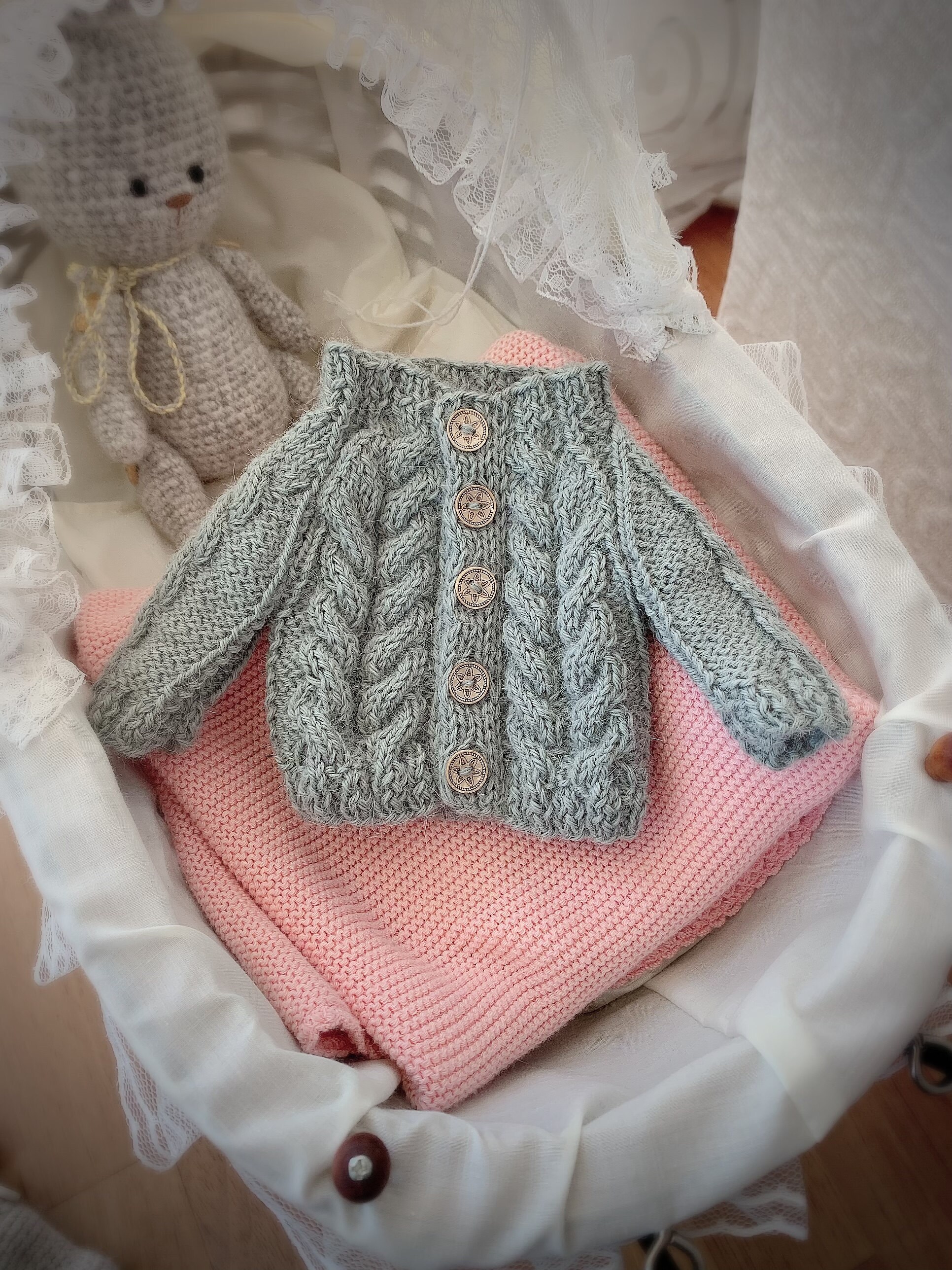 Doll clothes toy knitting pattern PDF Aran Cardigan