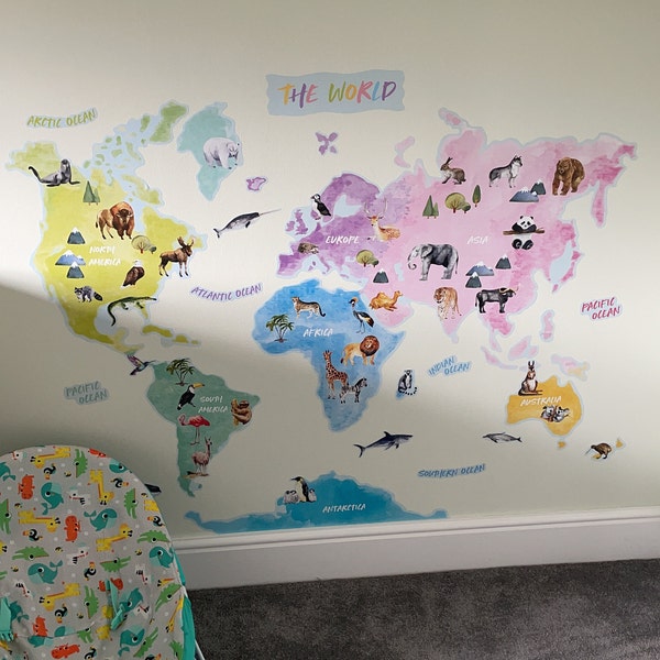Animal World Map Wall Sticker for Kids' Bedroom, Nursery, Playroom ...