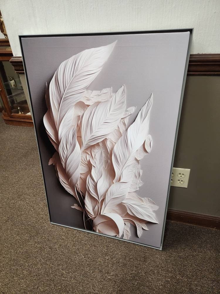 3d effect feathers canvas print, framed printed wall art, white feathers artwork, large modern wall art, floater frame living room wall art