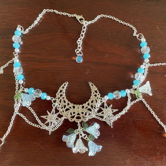 【fa.er.ie】 faerie cubic charm choker ♥2Color Crescent Moon Necklace With Stars and Flowers, Light Blue