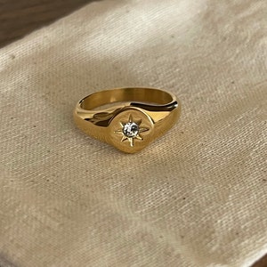 18k Gold Signet Ring Cz North Star Ring Pinky Ring - Etsy