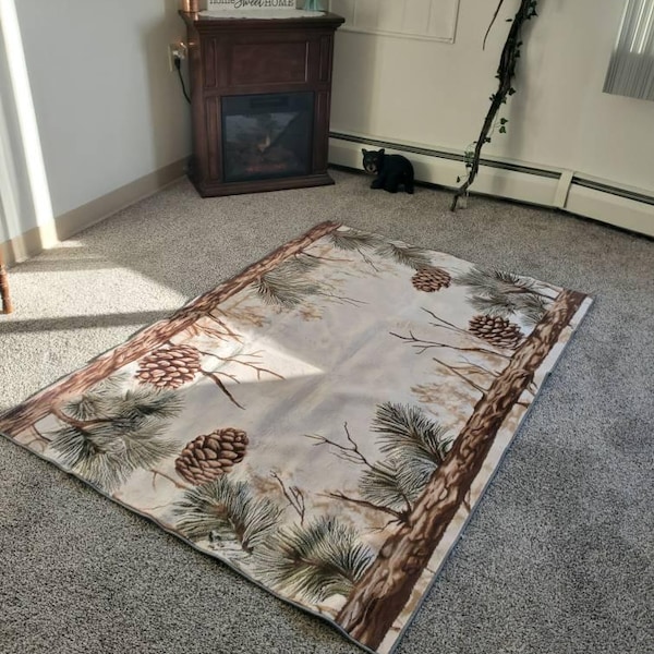 Rustic Pine Cone Area Rug: Floral Cream Forest Design - Etsy