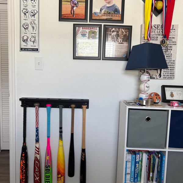 Baseball Bat Rack 11 Bats 6 Balls Wall Holder Display Wood Awards ...