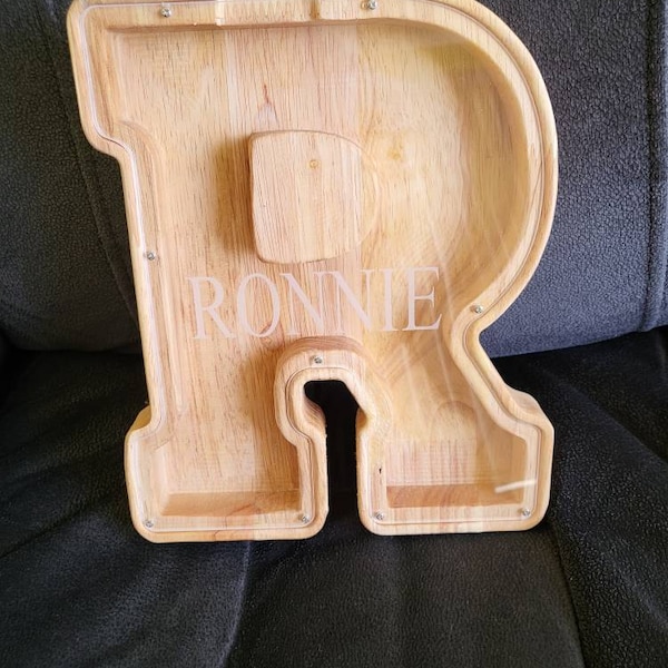 Personalized Large Wooden Letter Piggy Bank – Laser Engraved Name, 9.1 Inch Custom Initial Coin Bank, Gift