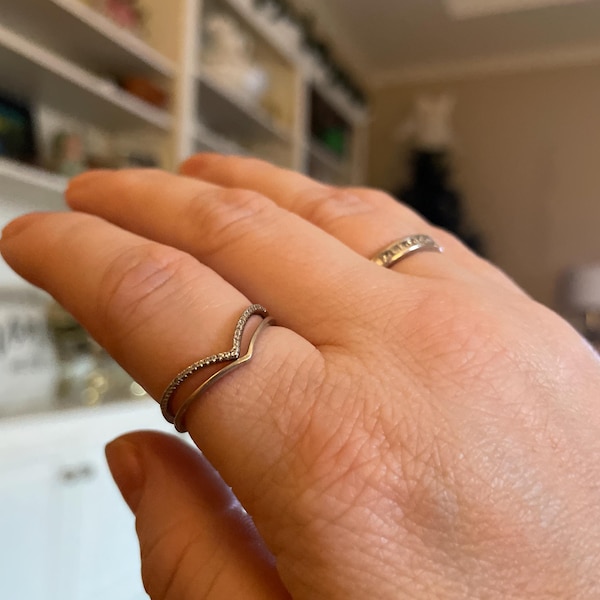Set of 2: Curved Stacking Ring Set • Diamond Chevron Ring, Thin Gold ...
