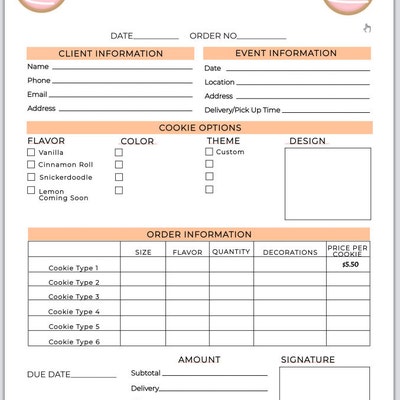 Cookie Order Form Template Bakery Order Form Receipt Small Business