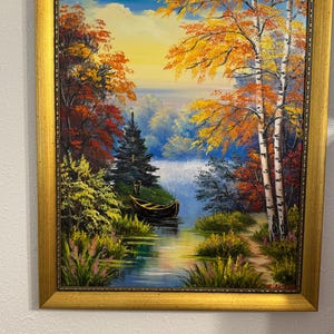 秋の油絵 キャンバスの風景 霧の森 川の絵 暗い自然 壁アート