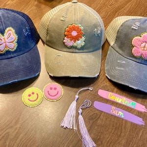 Boho Chenille Patch Ponytail Distressed Trucker Hat,  Distressed Vintage Cap Messy High Bun Washed Baseball Cap, Custom retro distressed cap