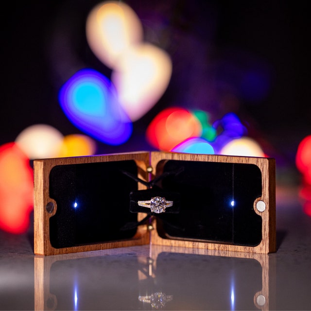 X-braced LED Rotating Ring Box – Engraved Wooden Proposal Box
