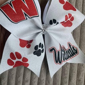 Custom Sublimated School Initial Paw Print Cheer Bow - designed with your team colors - TEAM DISCOUNTS AVAILABLE