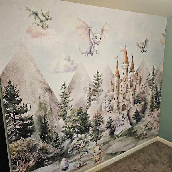Dragon Nursery Wallpaper Fairy Castle Wall Art Sky and Clouds Forest ...