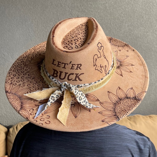 Wedding Teal Cowboy Hat With Veil Hand Burned Sunflowers With Wooden ...