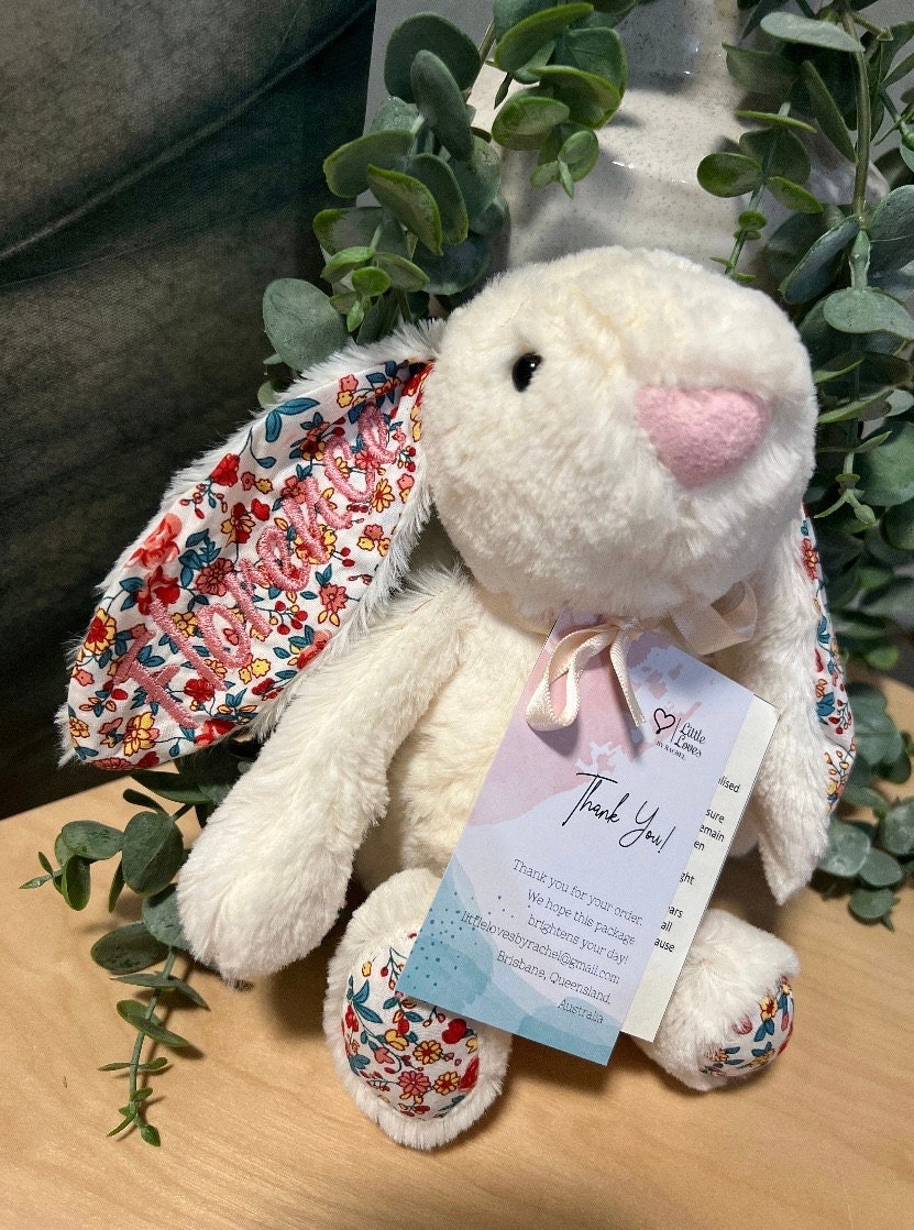 Personalised Plush Bunny Rabbits for children and babies. Floppy ear Rabbit for Easter or Birth. Customise text and colours. Embroidered ear