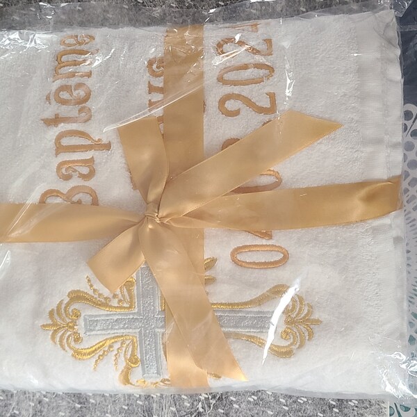 Christening Towel With Embroidered Cross And Lace Trim- Style B-99