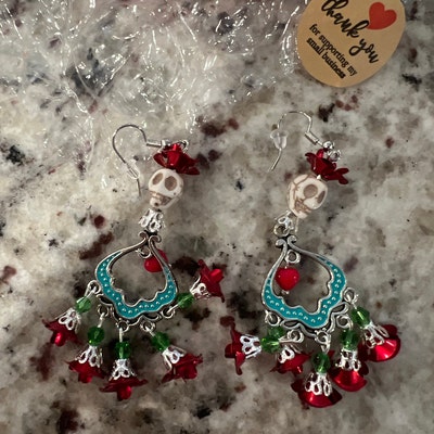 Sterling Silver Sugar Skull Earrings Catrina Day of the Dead Red Roses ...