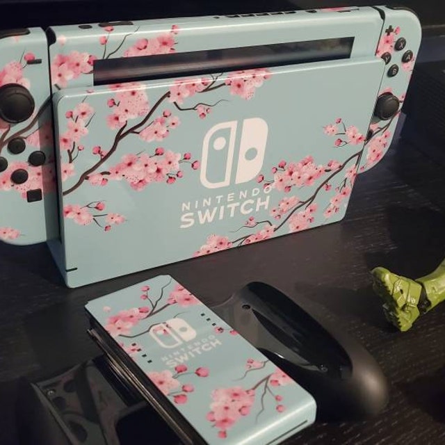 Cherry Blossom Nintendo Switch Skin: Teal Pink Sakura Floral Vinyl