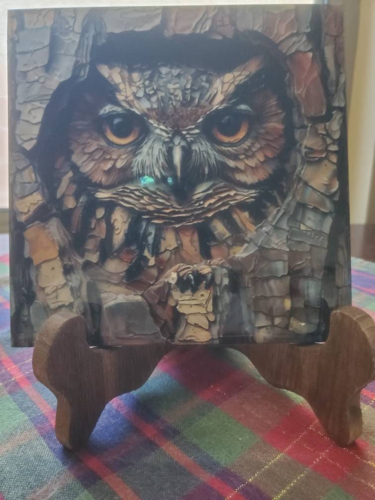 Owl in Hollow Tree Stained Glass Look Art on Glossy Ceramic Tile Decorative Gift Artful Mosaic Wall Decor