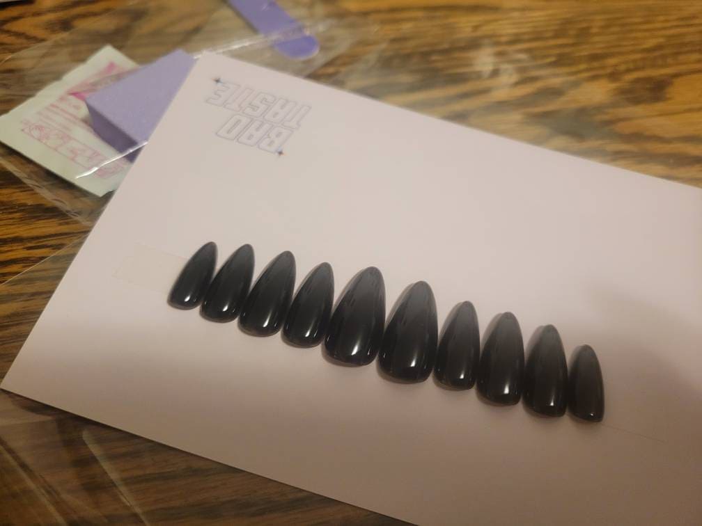 JELLY BLACK Korean style press on nail art, gothic simple clean nails for fall winter, halloween nails, goth, stiletto long medium short