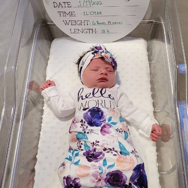 Purple Floral Birth Stats Round Wood Baby Name Sign Wooden Personalized ...