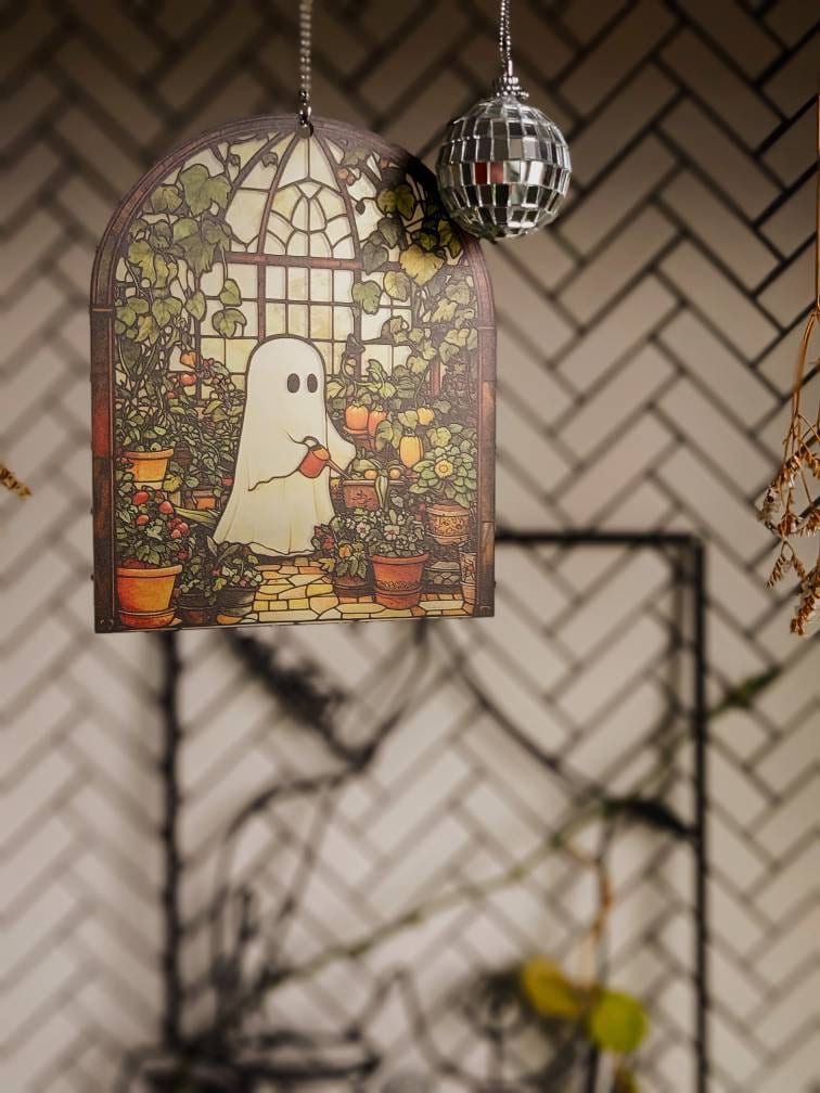 Cute Ghost Greenhouse Suncatcher Ornament, Halloween Ghost Acrylic Window Hangings, Plant Lovers Gift, Halloween Home Decor, Gift For Mom