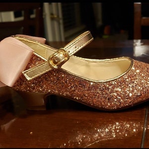 Rose Gold Rock Glitter Mary-jane Heels With Added BLUSH SATIN BOW ...