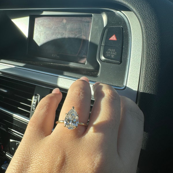 3 CT Pear Shape Lab Grown Diamond Engagement Ring / 5 Prong Tear CVD ...