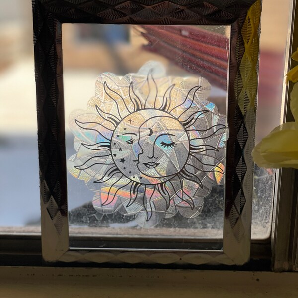 Celestial Sun and Moon Suncatcher Sticker | Rainbow Window Decal | Boho ...