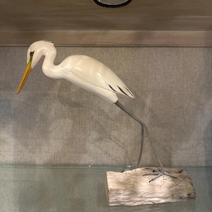 Grande Sculpture En Bois – Aigrette (oiseau) – Décoration Naturelle – Fait Main