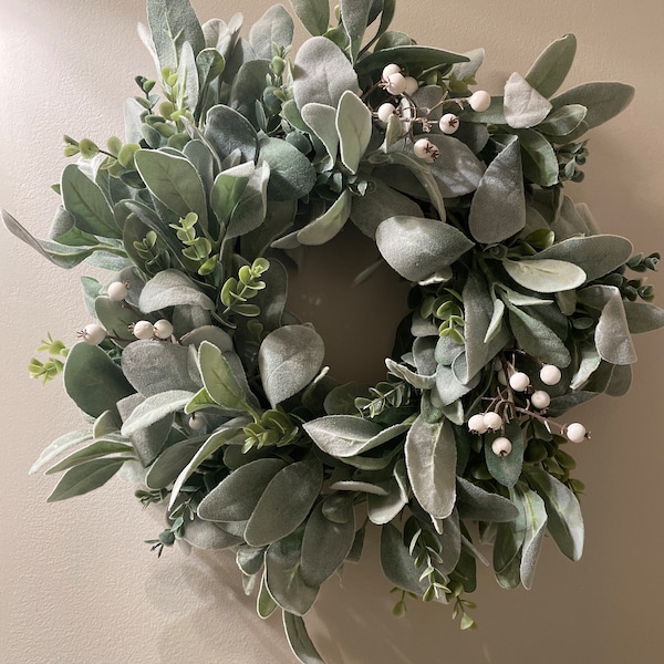 Year Round Lamb's Ear and Eucalyptus Wreath With White Berries, Winter ...