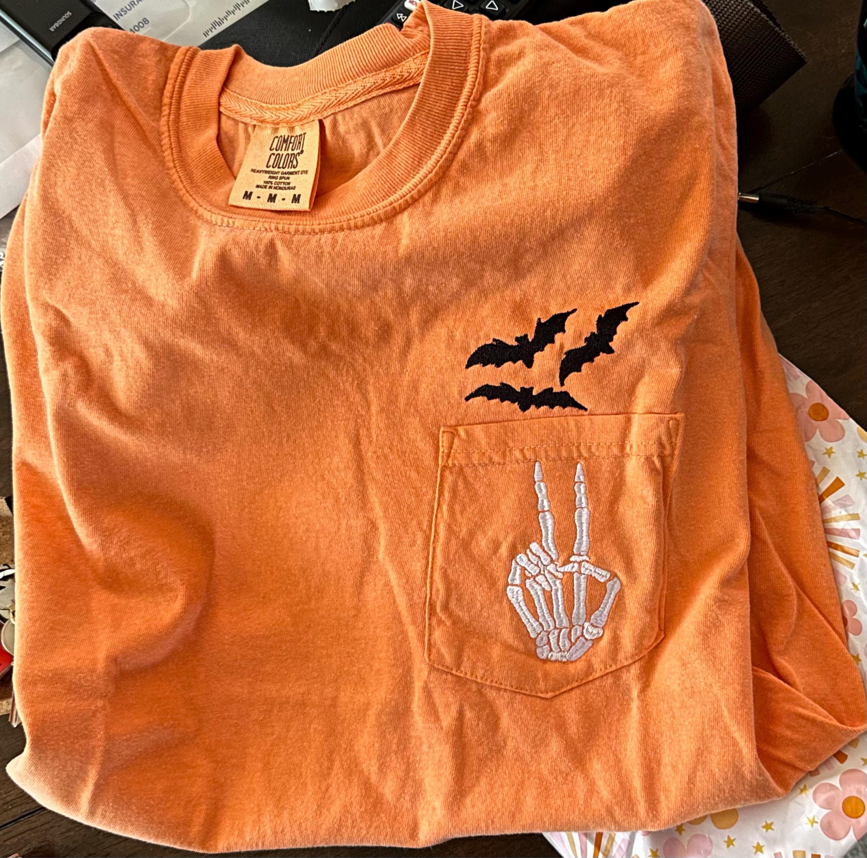 Embroidered Halloween Pocket Tee, Short Sleeve Skeleton Tshirt, Comfort Colors Pocket Tee, Spooky Shirt, Womens Halloween Shirt