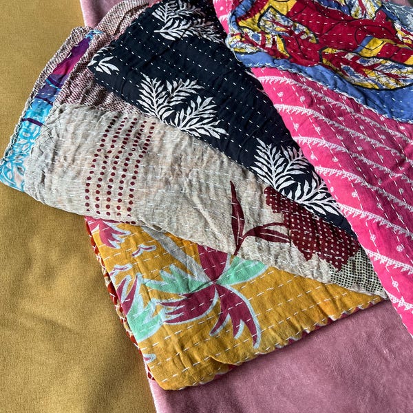 Indian Handmade Frida Kahlo Kantha Quilt Reversible Bedspread Twin/Single Cotton