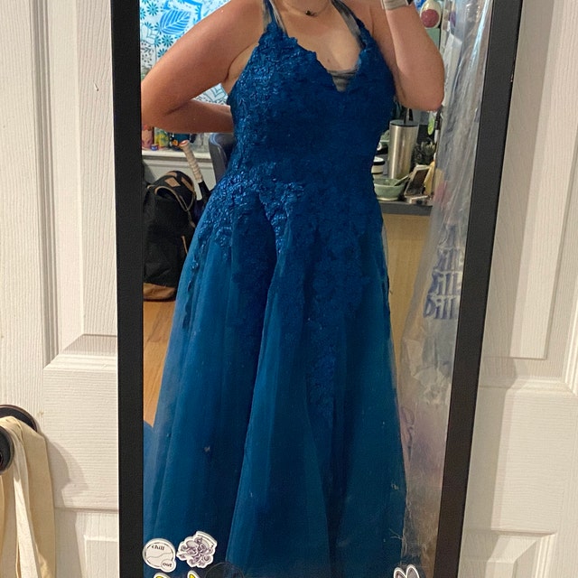 Navy blue lace prom dress cheap