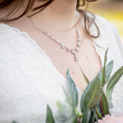 Dainty Bridal Necklace and Earring Set Silver Wedding Jewelry Set Rose ...