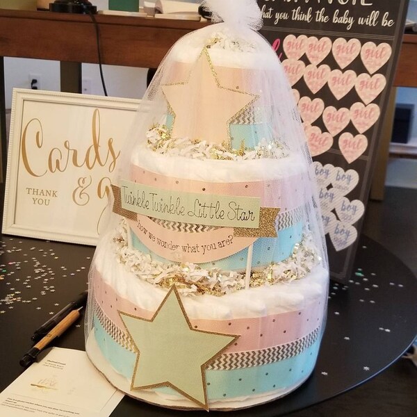 Twinkle Twinkle Gender Reveal Diaper Cake, Pink Blue Gold Twinkle ...