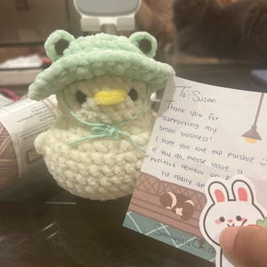 カエルの帽子をかぶったアヒルのぬいぐるみ（かぎ針編み）：手作り