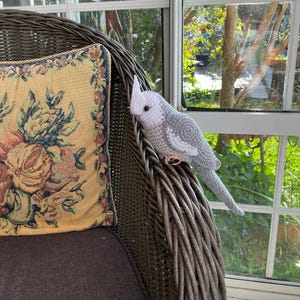 Crochet Whiteface Cockatiel Sculpture, Life-size Plush Parrot