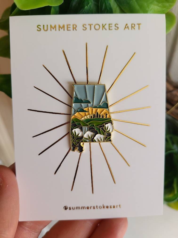 Alabama Enamel Pin | Gold Soft Enamel Pin | Illustrated United States Pin | Butterfly Clasp | 1.25&quot;