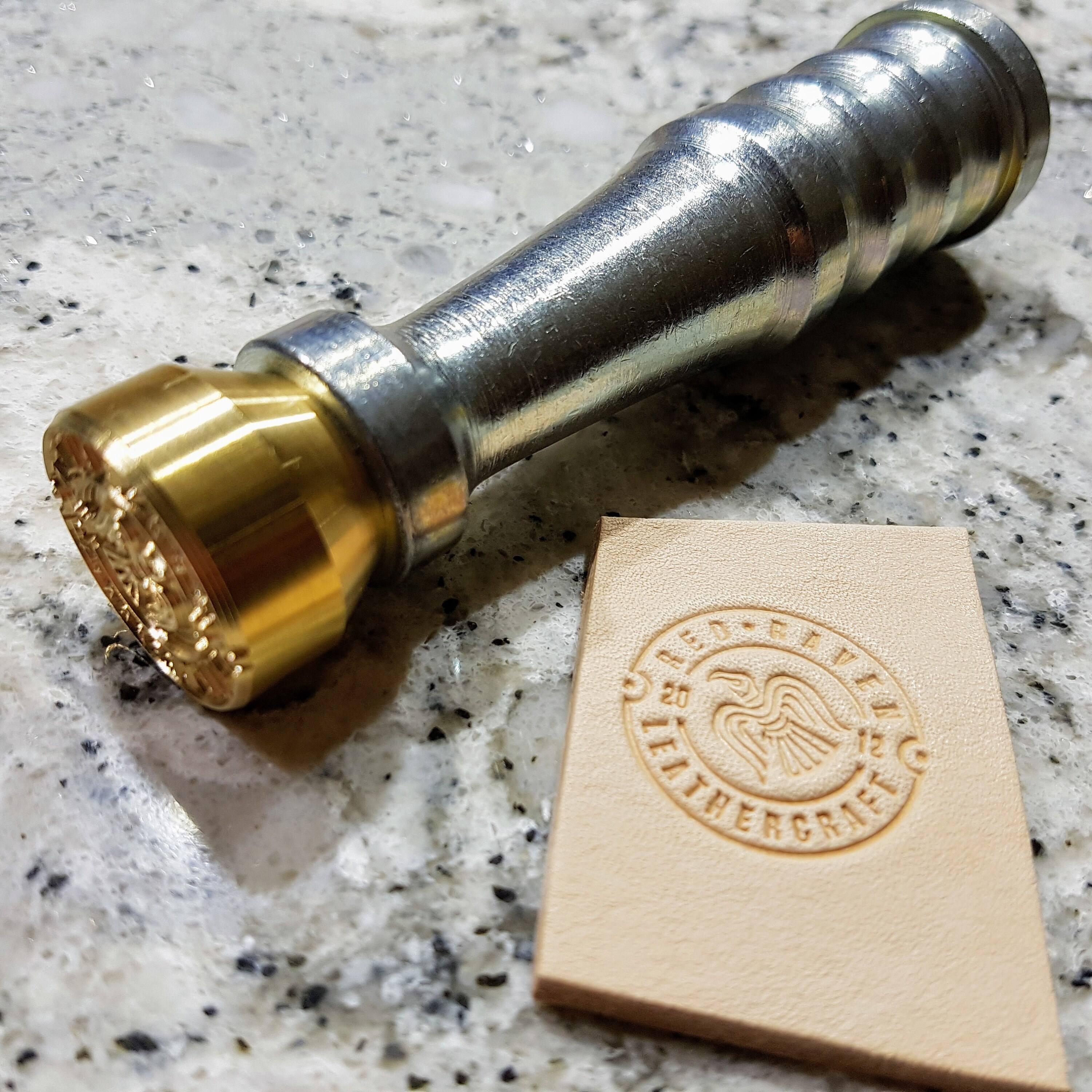 Brass stamp for leather embossing with hammering handle