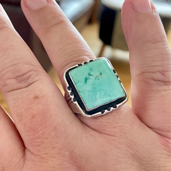 Vintage Navajo Silver Malachite Coral Native American Ring, Southwestern Statement Ring Size 7 1/4