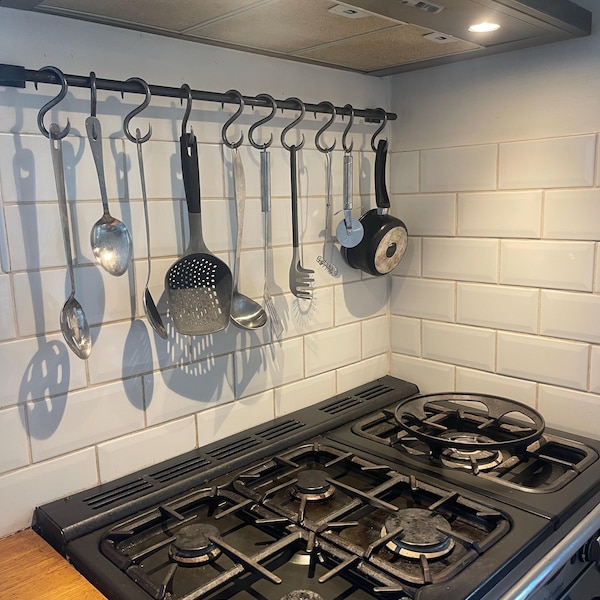 Steel Kitchen Rails For Kitchen Kitchen Rail Made From Raw Steel With S Hooks | Hanging Rail | Utensil ...