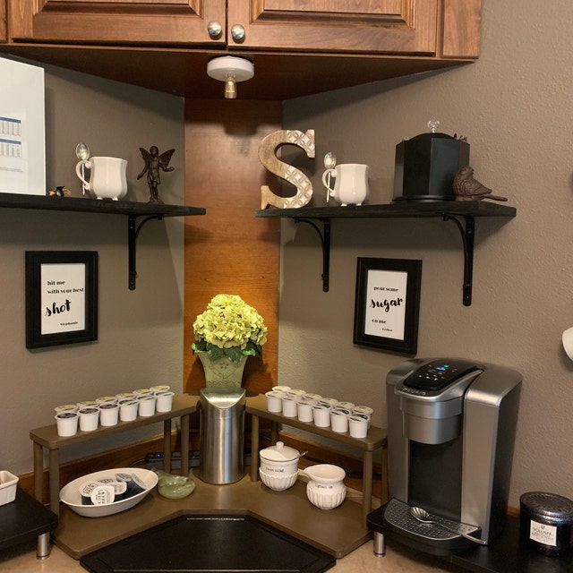 K Cup Shelf Coffee Station Organizer Counter Caddies™ Wood Kitchen Shelves  BARISTA Theme 24 STRAIGHT Shelf W/ K-cup Holes 