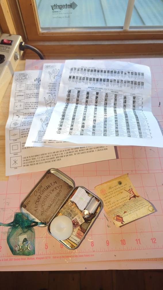 mini tarot tin, mini tarot kit, on the go mini tarot tin, palmistry ouija board psychic spell kit, mini tarot card deck, mini ouija board,