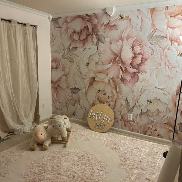 Pastel Peony Wallpaper Peel and Stick | Watercolor Soft Floral Wall ...