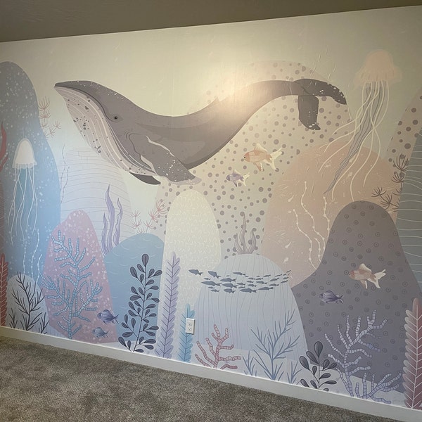 Blue Whale Wallpaper Ocean Motif Nursery Decor Removable Flying Whale ...