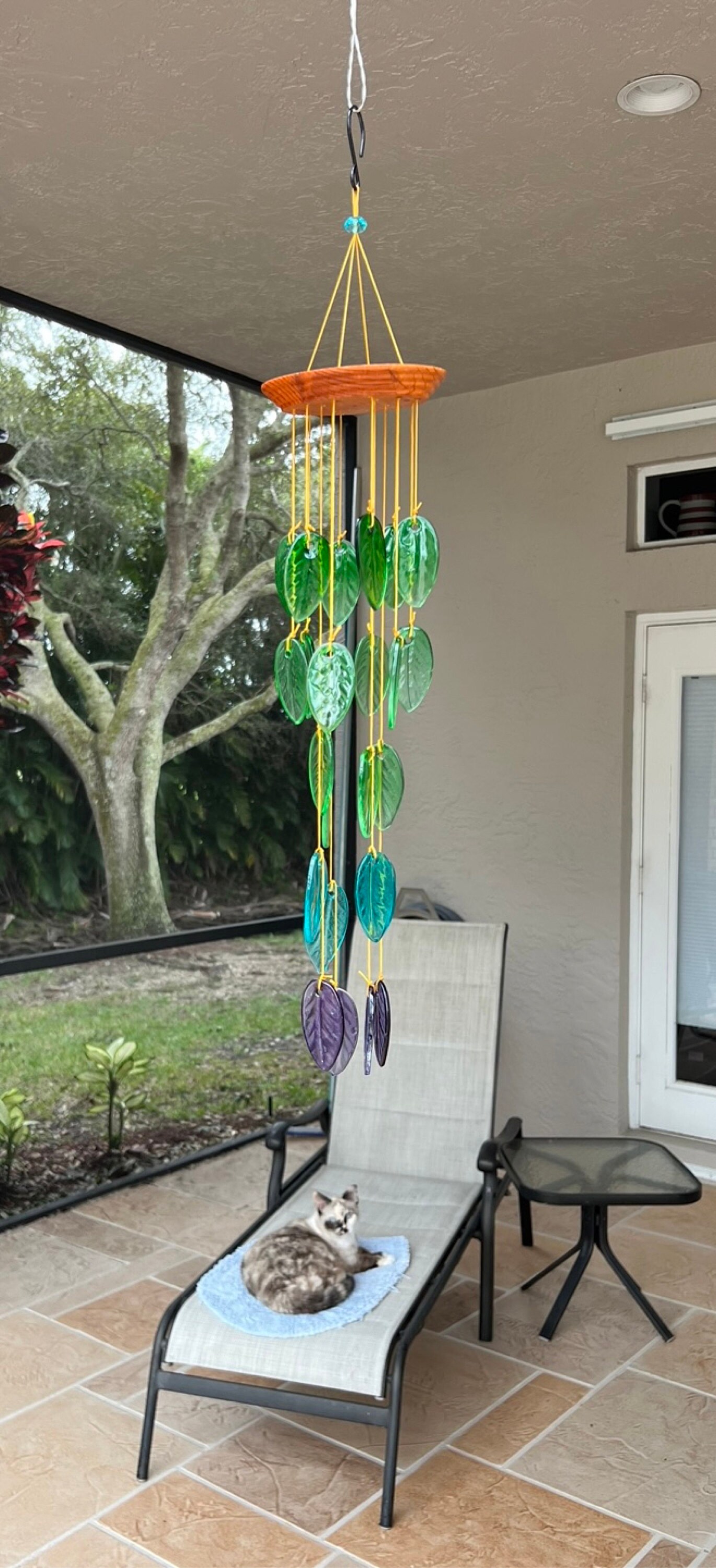 Rainbow colored Glass Leaves Wind Chime, Free Shipping.  Personalized Card on Request. Gift for  Mother. Father, Mom or Friend. Upcycle Art.