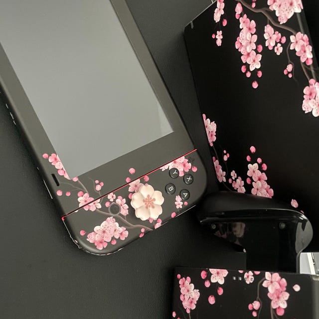 Cherry Blossom Nintendo Switch Skin: Teal Pink Sakura Floral Vinyl